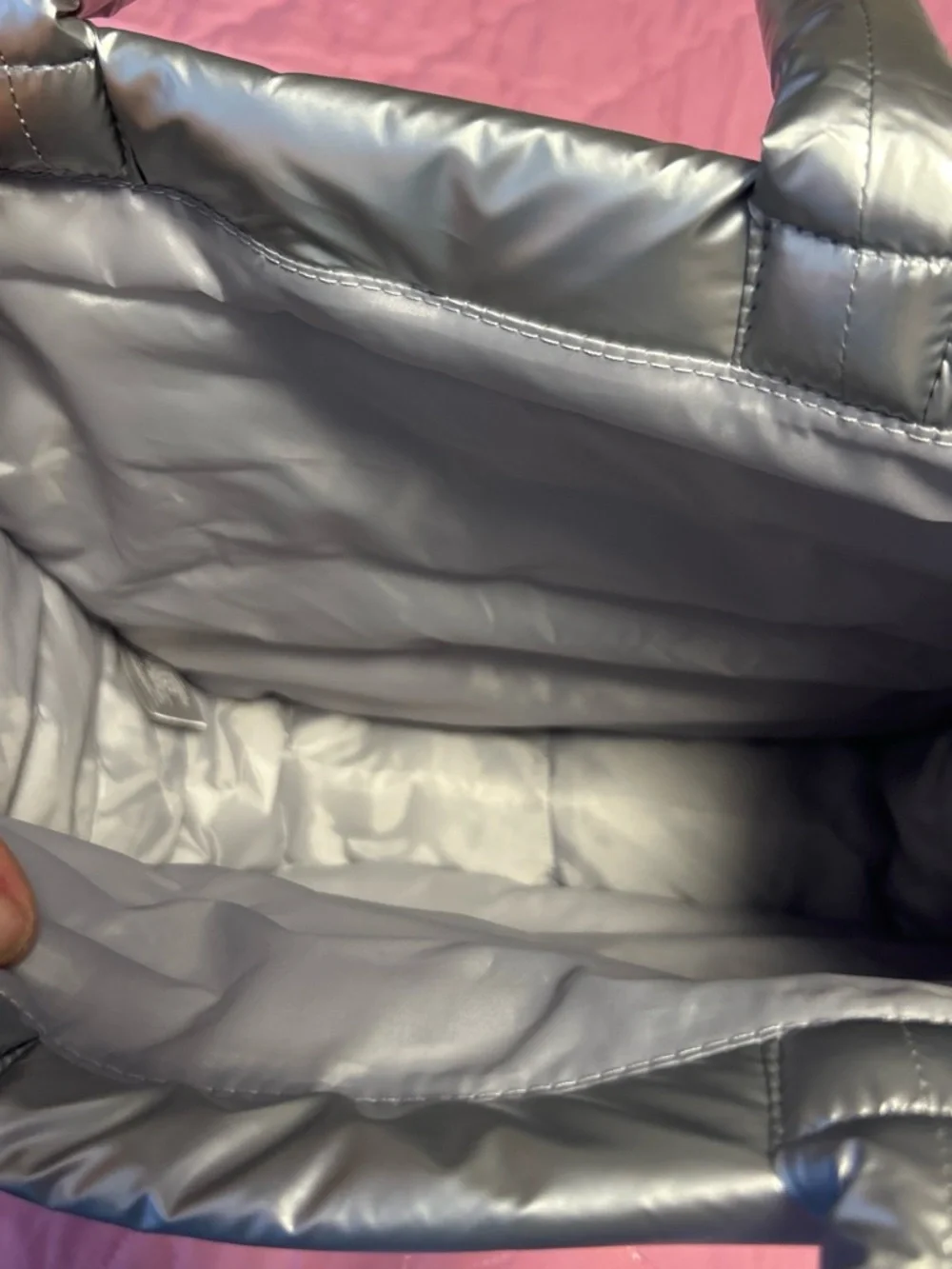 Marc Jacobs Silver Quilted Tote with Green Trim and Patch Accents